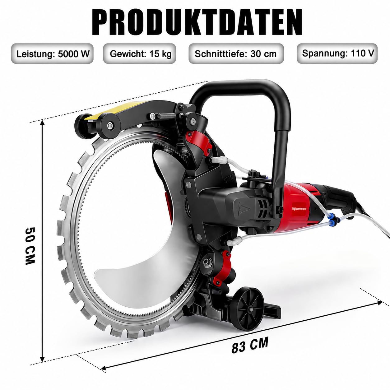 Elektryczna piła do betonu 408 mm 5000 W, głębokość cięcia 300 mm, z pompą