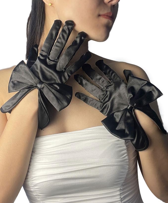 Women's Satin Bow Gloves, Black, Short Length, Formal Evening Opera Silk Dress Gloves