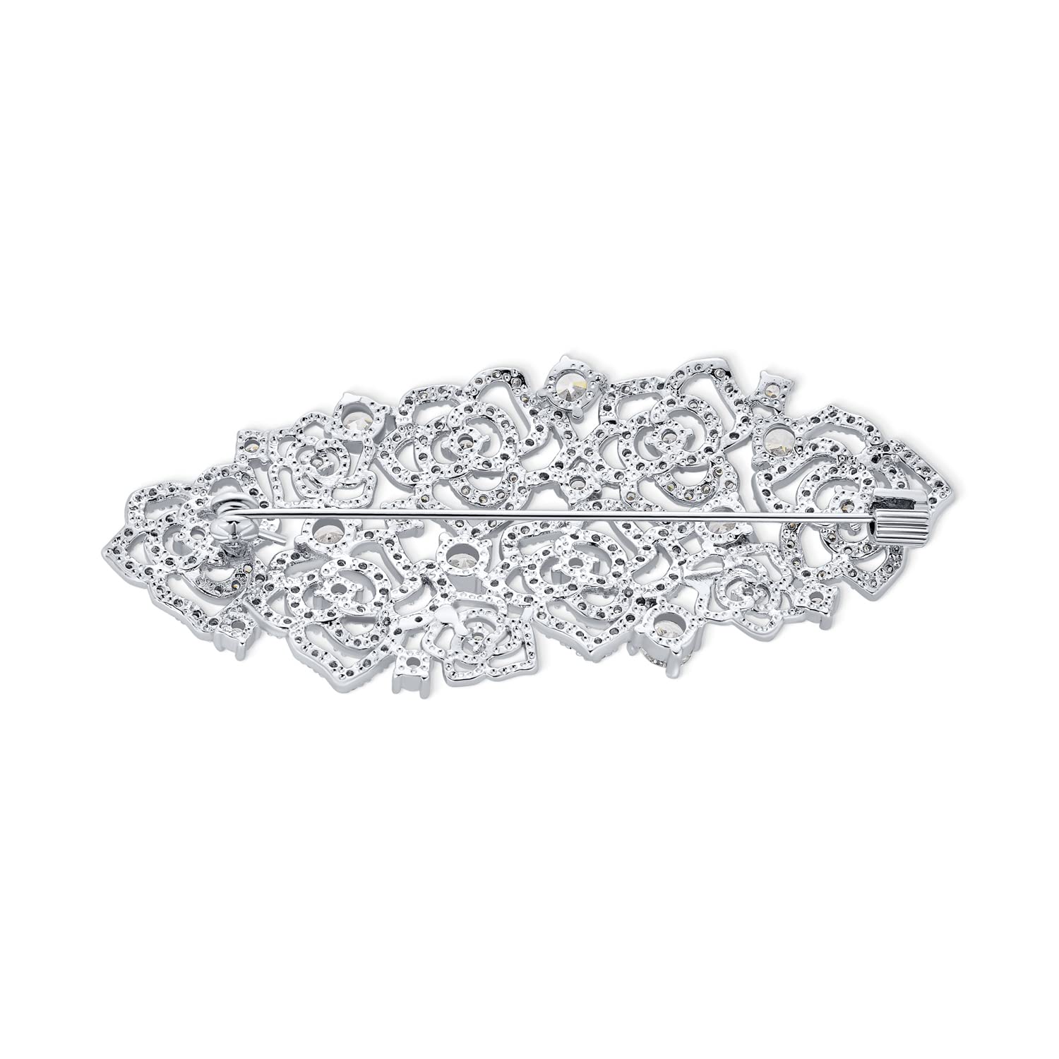 Clásico Elegante Estilo Vintage Grande Micro Pave CZ Doble Abanico Pavo Real Pluma Hoja Floral Rosas Bufanda Broche Alfiler Broche Simulado Verde Esmeralda Lágrima Rodio Plata Chapado En Latón