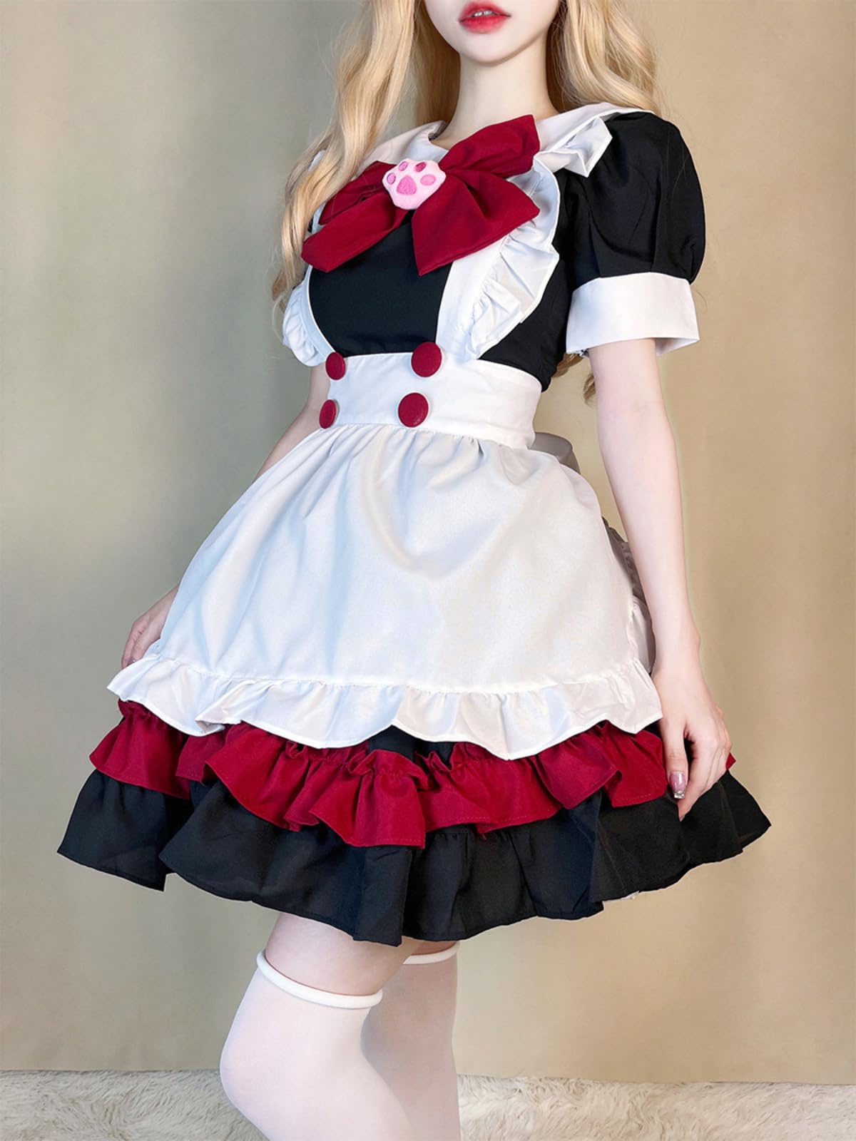 GRAJTCIN Womens Anime French Maid Outfit Lolita Cosplay Dress Halloween Costume with Socks: Large Red