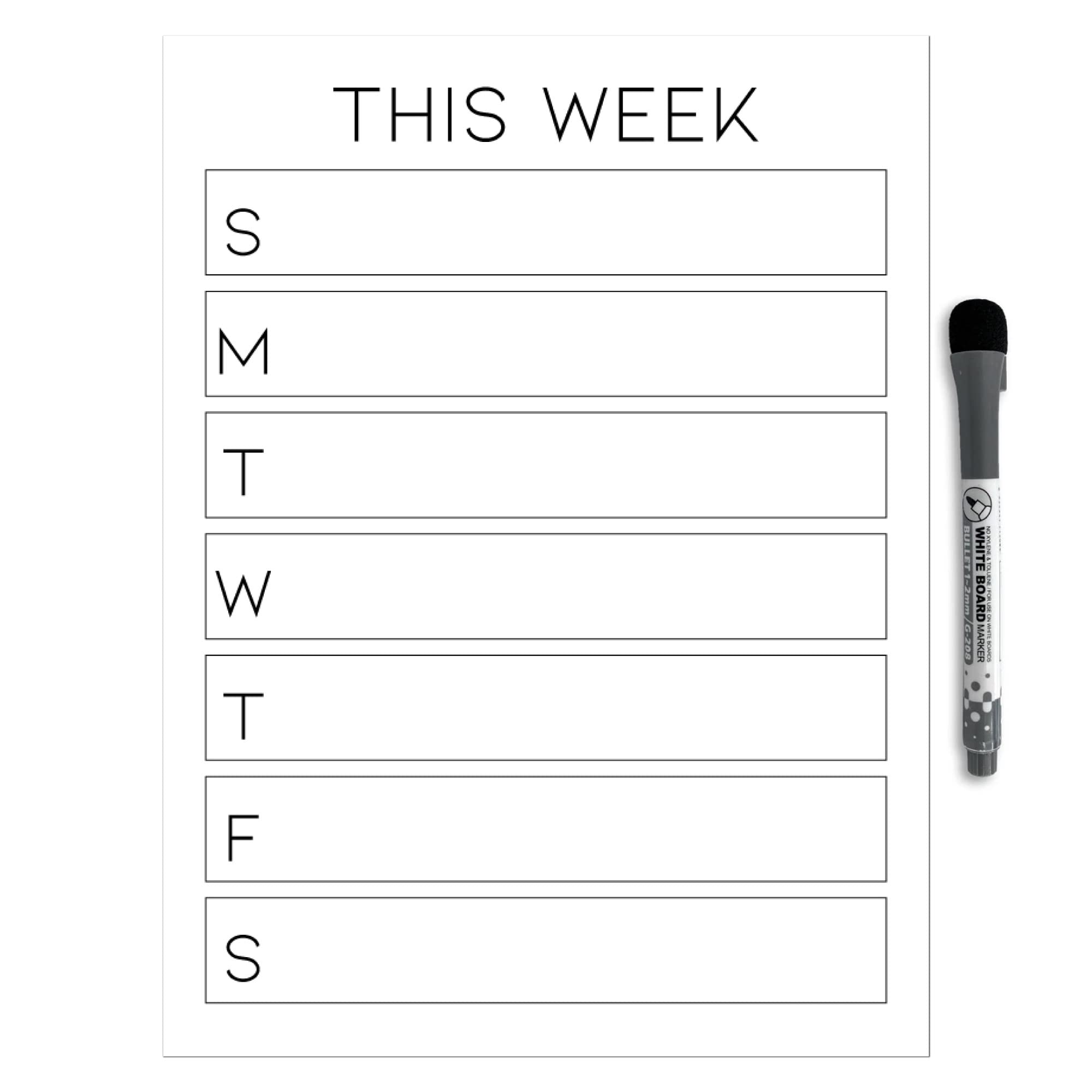 Dry Erase Weekly Calendar Planner Sticker Decal | Removable & Reusable | Magnetic Fine-Tip Marker Included (9 x 12 inches, White)