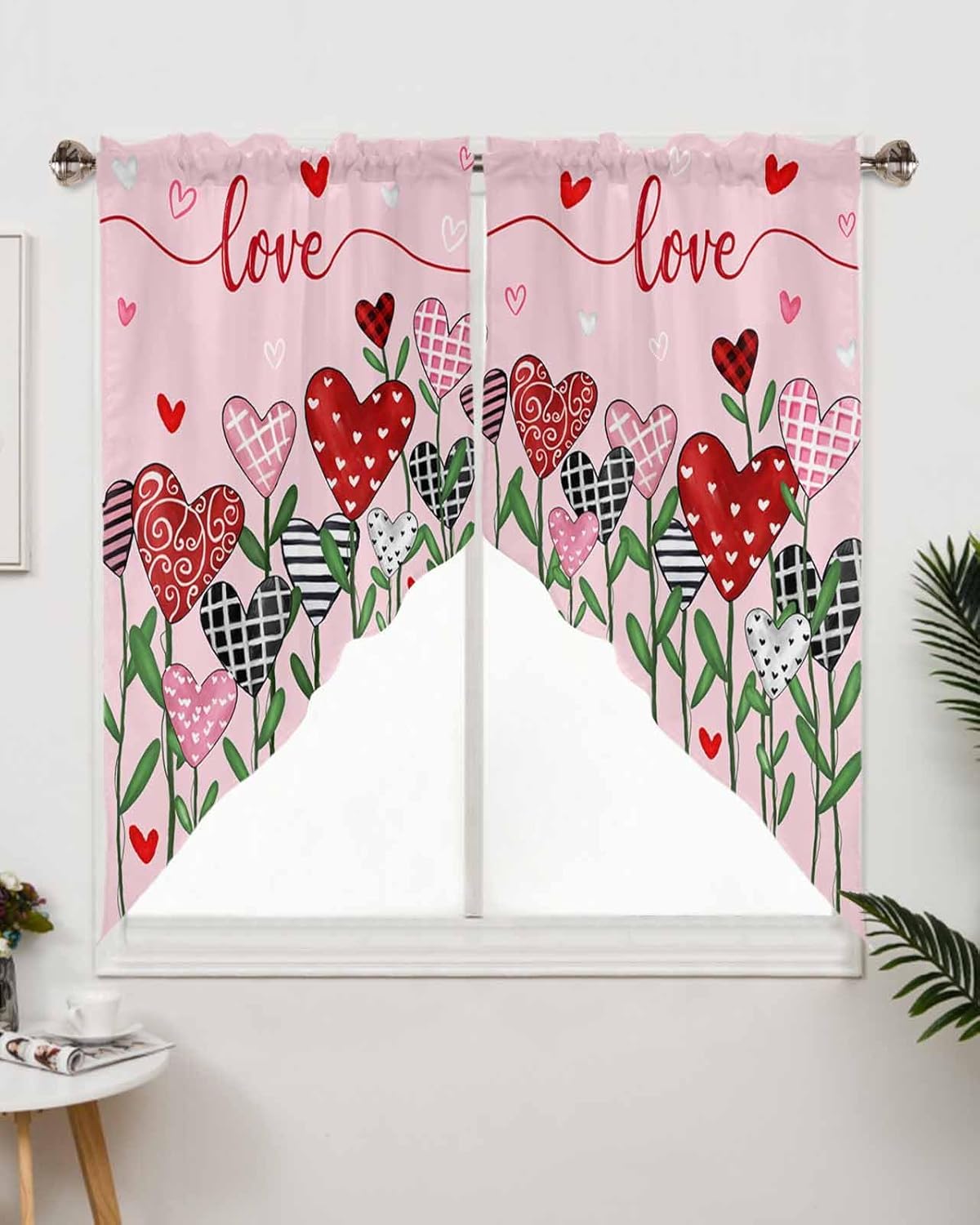 Valentine's Day Love Swag Valance Curtains for Kitchen 36"W x 36"L Red Heart Shaped Floral Short Swag Topper for Small Windows Romantic Pink Style Rod Pocket Curtains for Bedroom Bathroom Living Room