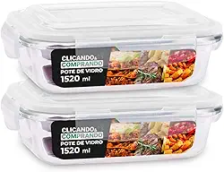 Kit 2 Potes de Vidro Retangular com Tampa Hermética 1520ml Cor: Transparente