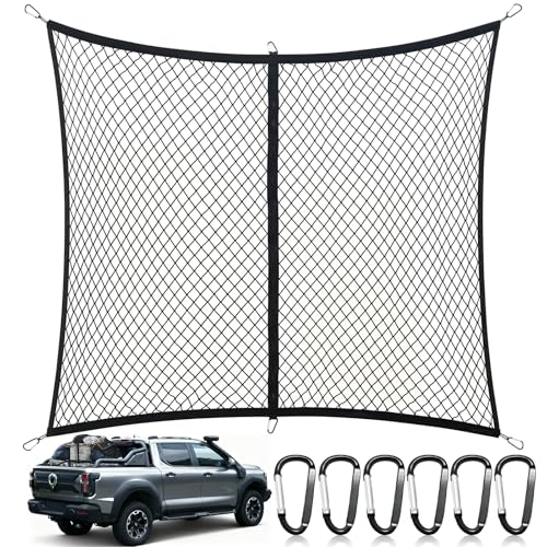 Ezfilet Cargo Net for Pickup Truck Bed, Highly Elastic Truck Bed Net, Suitable for Daily Light Loads of Trucks, 4'x4' Stretches to 7'x7', with 6 Metal Carabiners