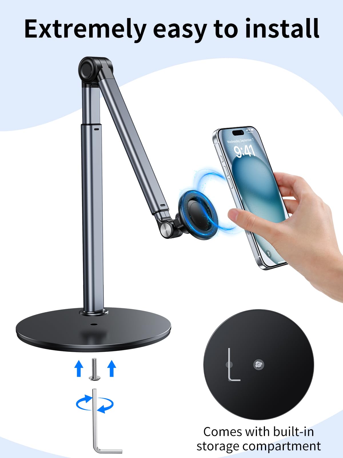 Magnetischer Überkopf-Telefonständer für Aufnahmen, Aluminium Höhenwinkelverstellbare Telefonhalterung für Schreibtisch mit flexiblem Arm, iPhone Stativhalterung für Videoaufnahmen, Kochen