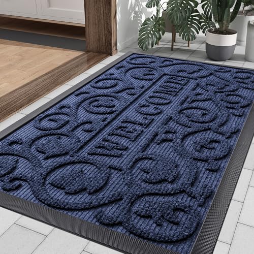 Image of Smiry Front Door Mat Outside Entrance, Low Profile Rubber Doormat, 33x21 | Welcome, Navy Blue, Sturdy Heavy Duty Mat Trap Dirt and Moisture, Easy Clean for Indoor Outdoor Entry