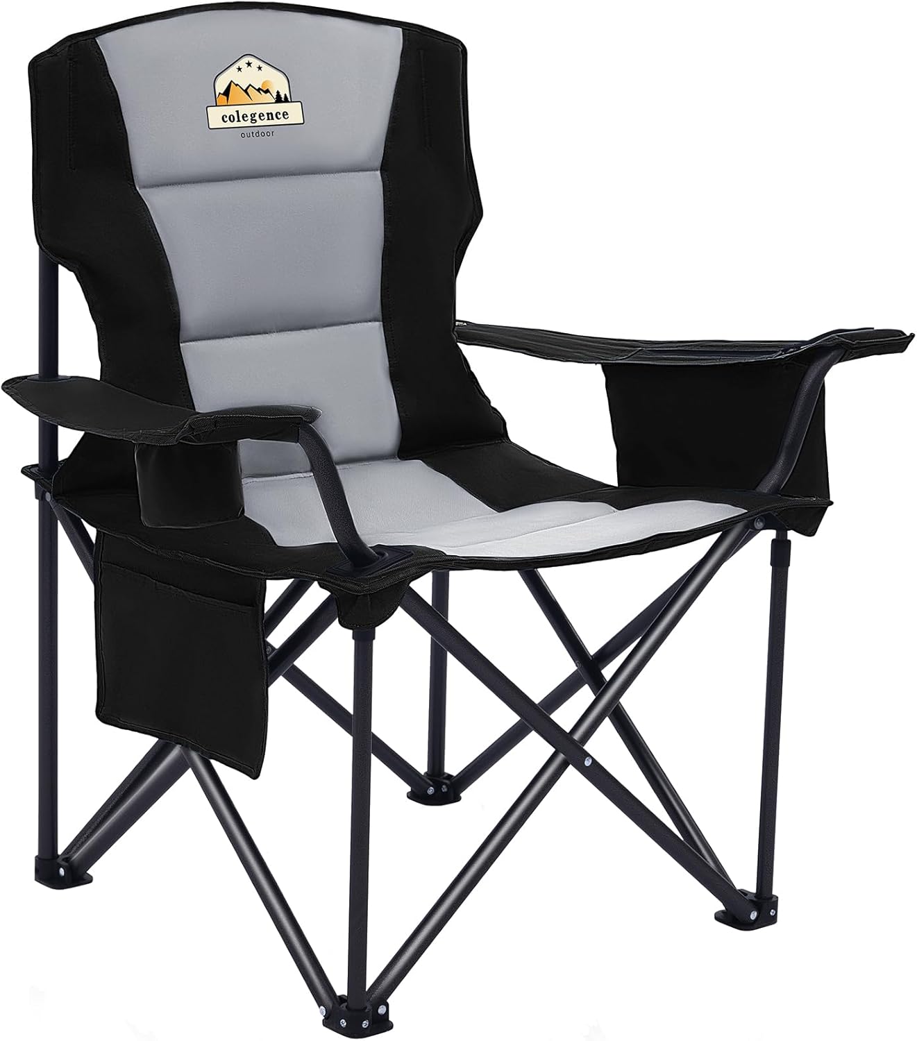 Oversized Camping Folding Chair, Support 450 LBS Heavy Duty Full Padded Outdoor Collapsible Chairs with Cooler Bag, Mesh Cup Holder, Pocket for Lawn,Sport (Black)