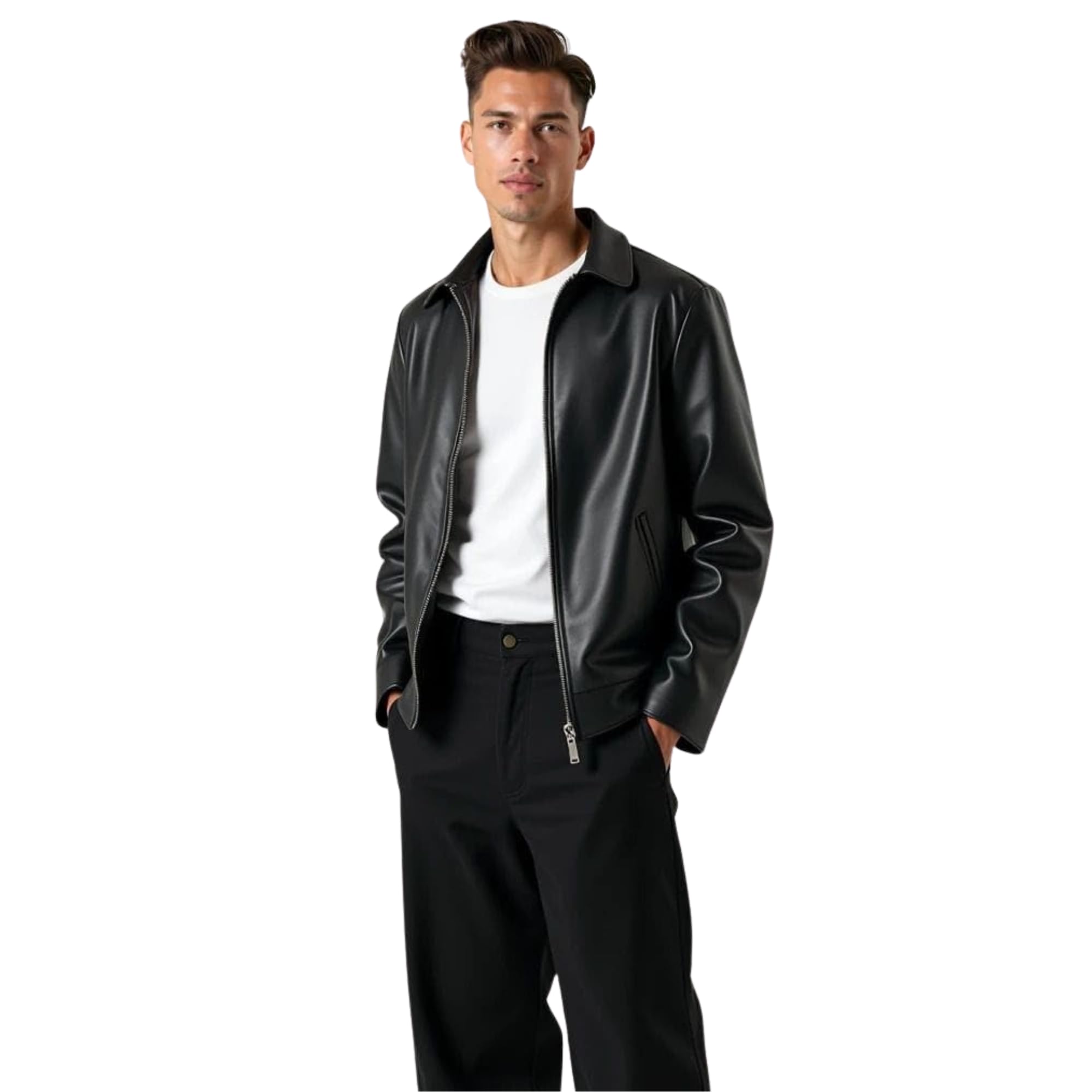Men's Faux Leather Jacket Black Zip Regular Fit-picture-51