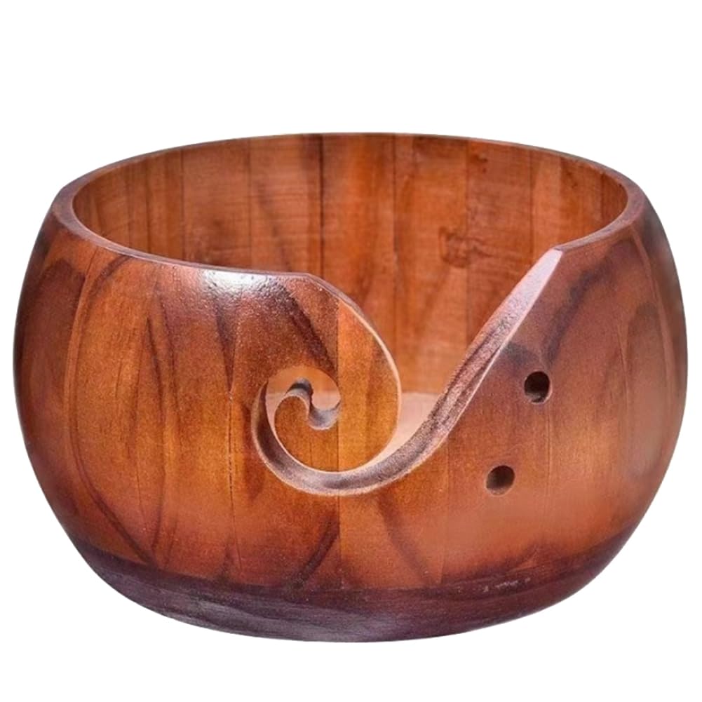 Hndhbfgrt Round Wooden Yarn Bowl with Holes Crochet Bowl Holder Knitting Yarn Bows Wooden Weave Thread Bowl Portable Yarn Storage Container