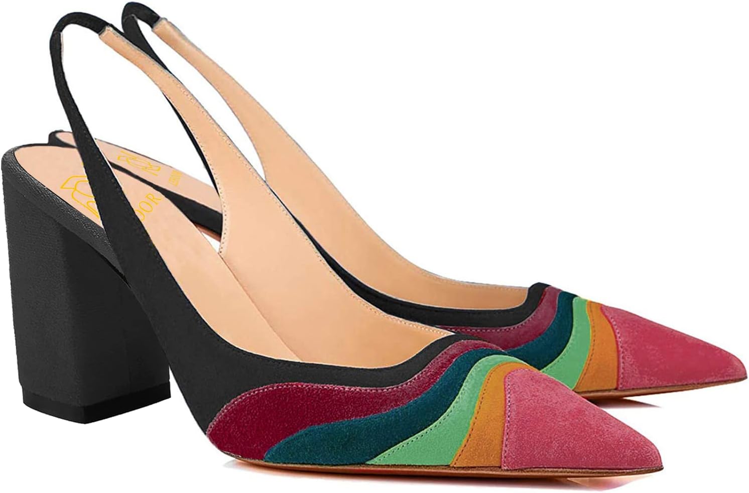 LEHOOR Women Rainbow Slingback Pumps Suede Chunky Block High Heel Dress Shoes Closed Pointed Toe Sandals Elastic Ankle Strap Office Work Shoe Multicolored Patchwork Wedding Party Prom Spring 4-13 M US