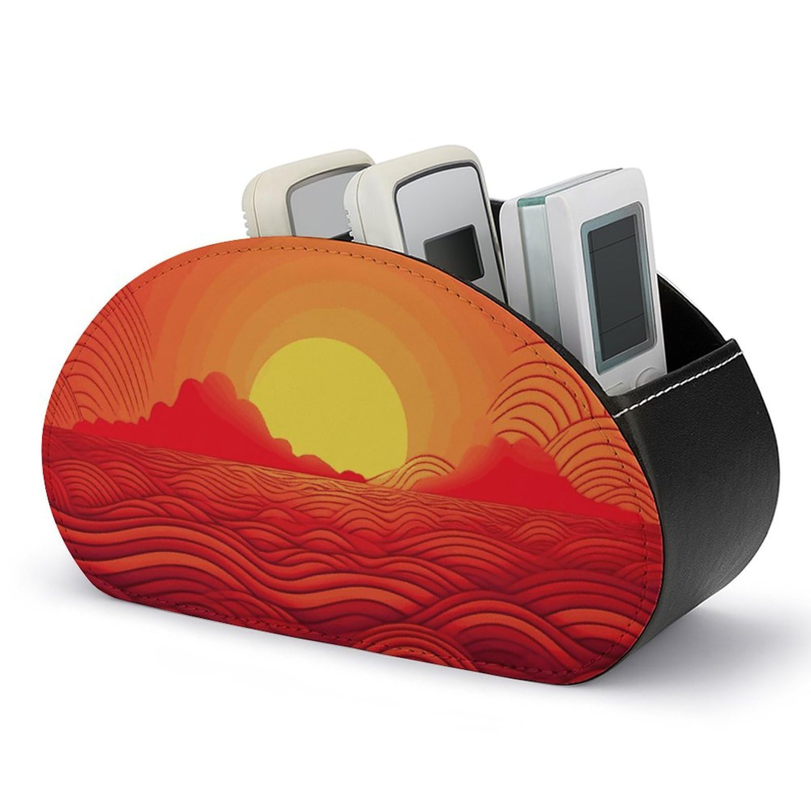 JTREHY Red Sunrise Remote Control Holder with 5 Compartments Pu Leather Remote Caddy Box Multi-functional Deskt Holders Organizer Box Tray Bedside Table Storage Organizer