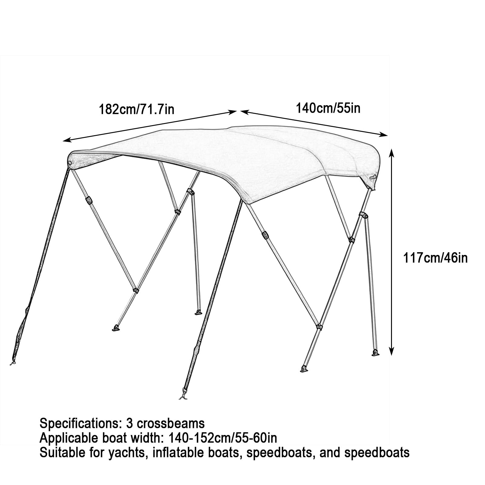 3 Arche Tendalino Barca, 600D Oxford Tendalino per Barca con Tasca, Telaio Alu, 182Wcm, 140-200L cm