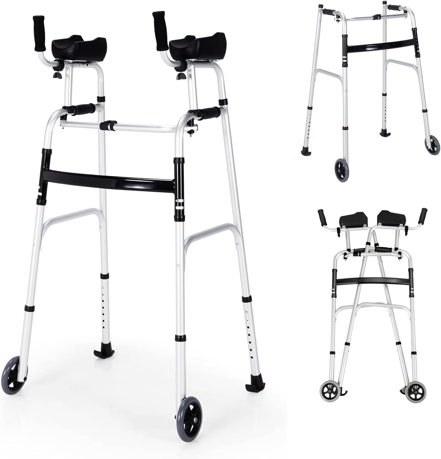 GYMAX Walkers for Seniors, Folding Upright Standard Walkers with 5'' Wheels & Removable Padded Armrests, Lightweight Adjustable Rolling Walker for Elderly, Limited Mobility (Silver)