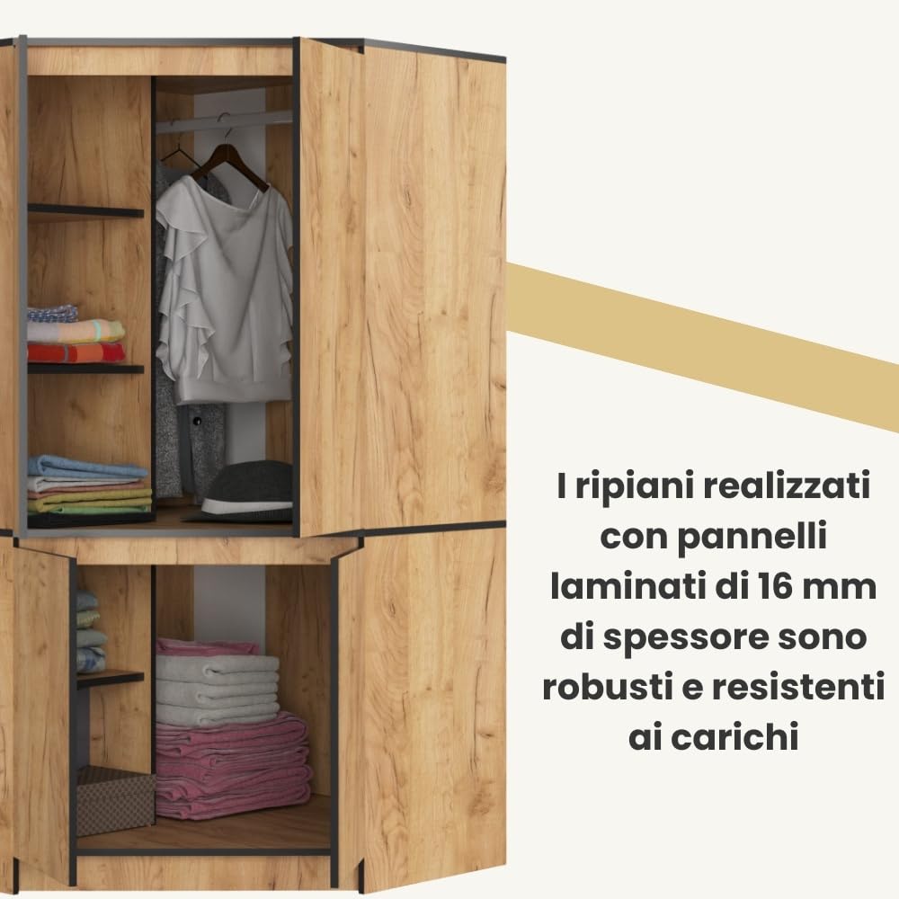 AKORD Armadio Angolare S100 4 Ante 6 Ripiani 100x180x50 cm Rovere Craft