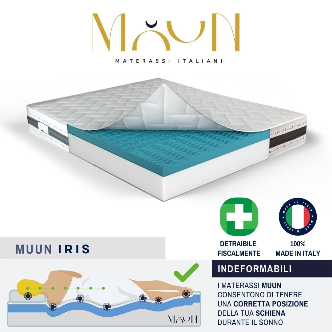 MUUN - Materasso 80x190 cm, Singolo, Altezza 25 cm, In Memory Foam, Anallergico e Ipoallergenico, Isola il Movimento, Bassa Manutenzione, Flessibile e Morbido, GARANTITO 20 ANNI, Mod. IRIS