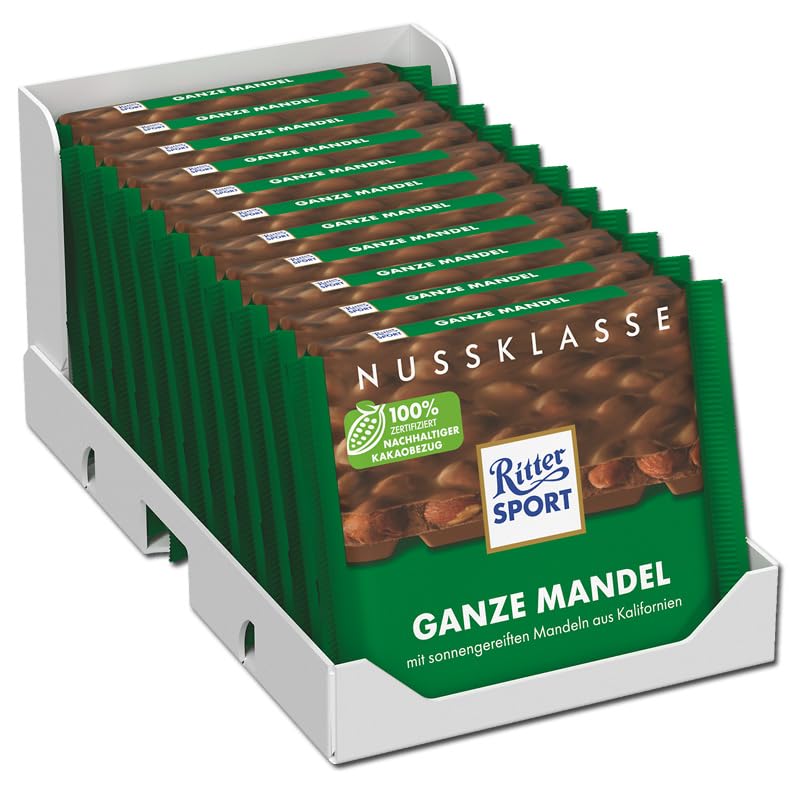 Ritter Sport Ganze Mandel, Vollmilchschokolade mit Honig-Mandel-Kern und Prise Meersalz, perfekt zum Naschen und Genießen, Geschenkidee, 11 x 100 g