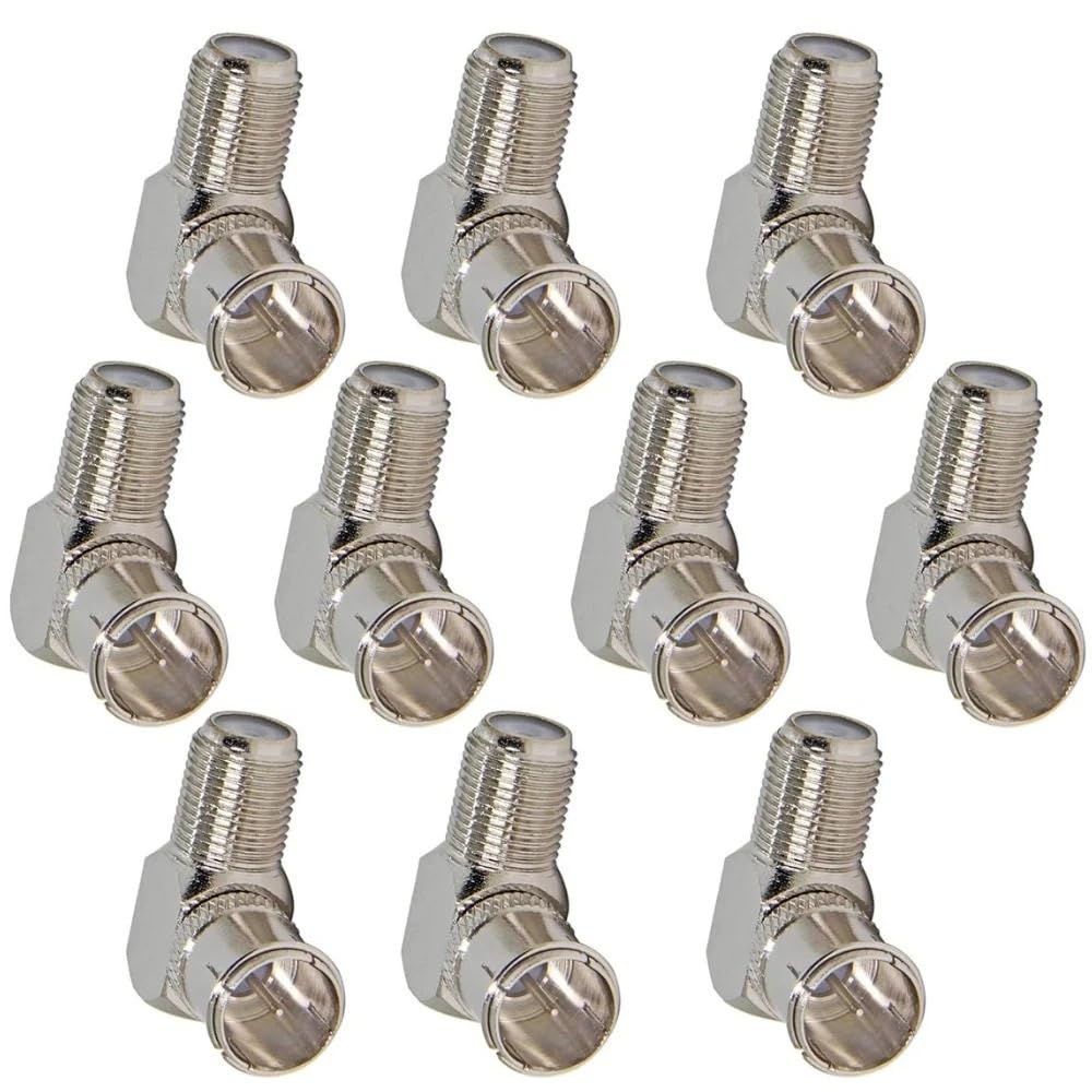 10 adattatori coassiali RF maschio a F femmina, ad angolo retto di 90 gradi, a scorrimento rapido per connettore di tipo F, 75 Ohm, per montaggio a parete antenna TV