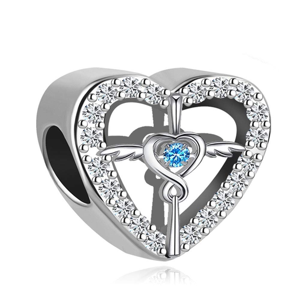 Sparkling Love Heart Cross Infinity Angel Wings with Blue Clear Crystal Charms Compatible with Pandora Bracelets Necklaces, Copper, No Gemstone-image-31