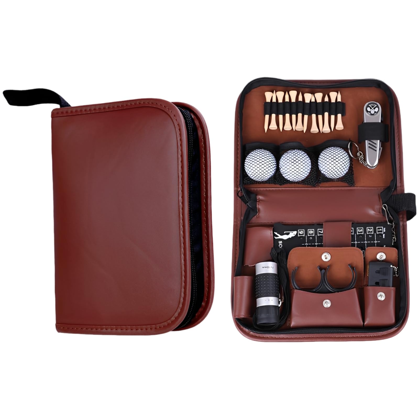 BOSREROY Golfgeschenk für Männer und Frauen, PU-Leder Golfzubehör-Set, mit Golfzubehör-Etui, 3 Bällen, 12 Tees und Scorer, kompaktes tragbares Geschenk für Golfer, 9,1 x 6,3 x 3,9 Zoll