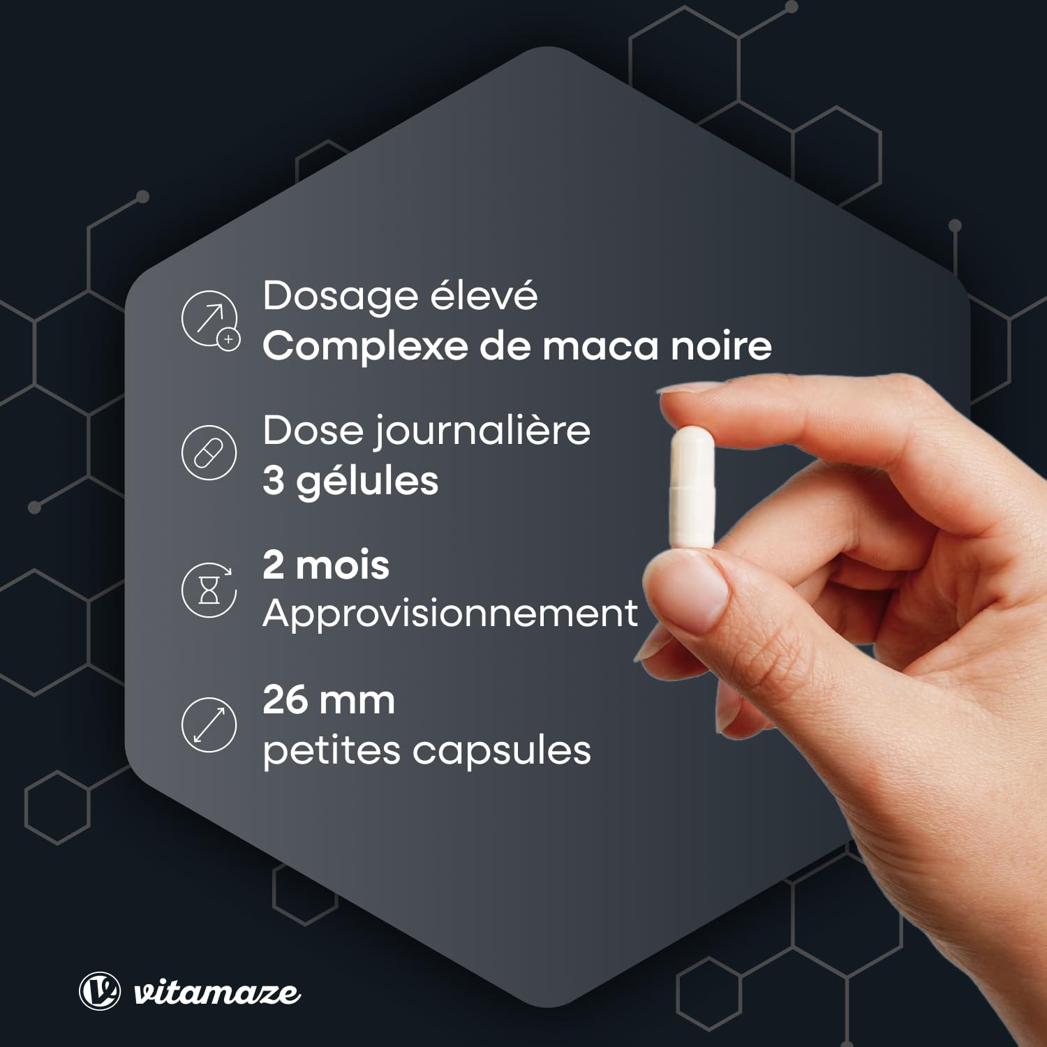 Maca noire 30 000 mg par dose journalière, hautement dosé, complexe d’extraits de maca + L-arginine + tribulus + ginseng + zinc + vitamines B, performance sportive, 180 gélules véganes, Vitamaze