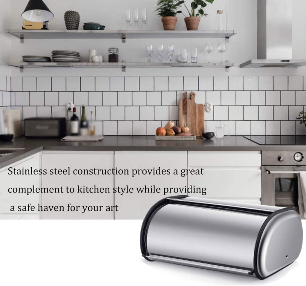 LIOONS Panera de Acero Inoxidable, panera con Tapa Enrollable para encimera de Cocina, Cubo de Almacenamiento de Pan con Tapa de Gran Capacidad