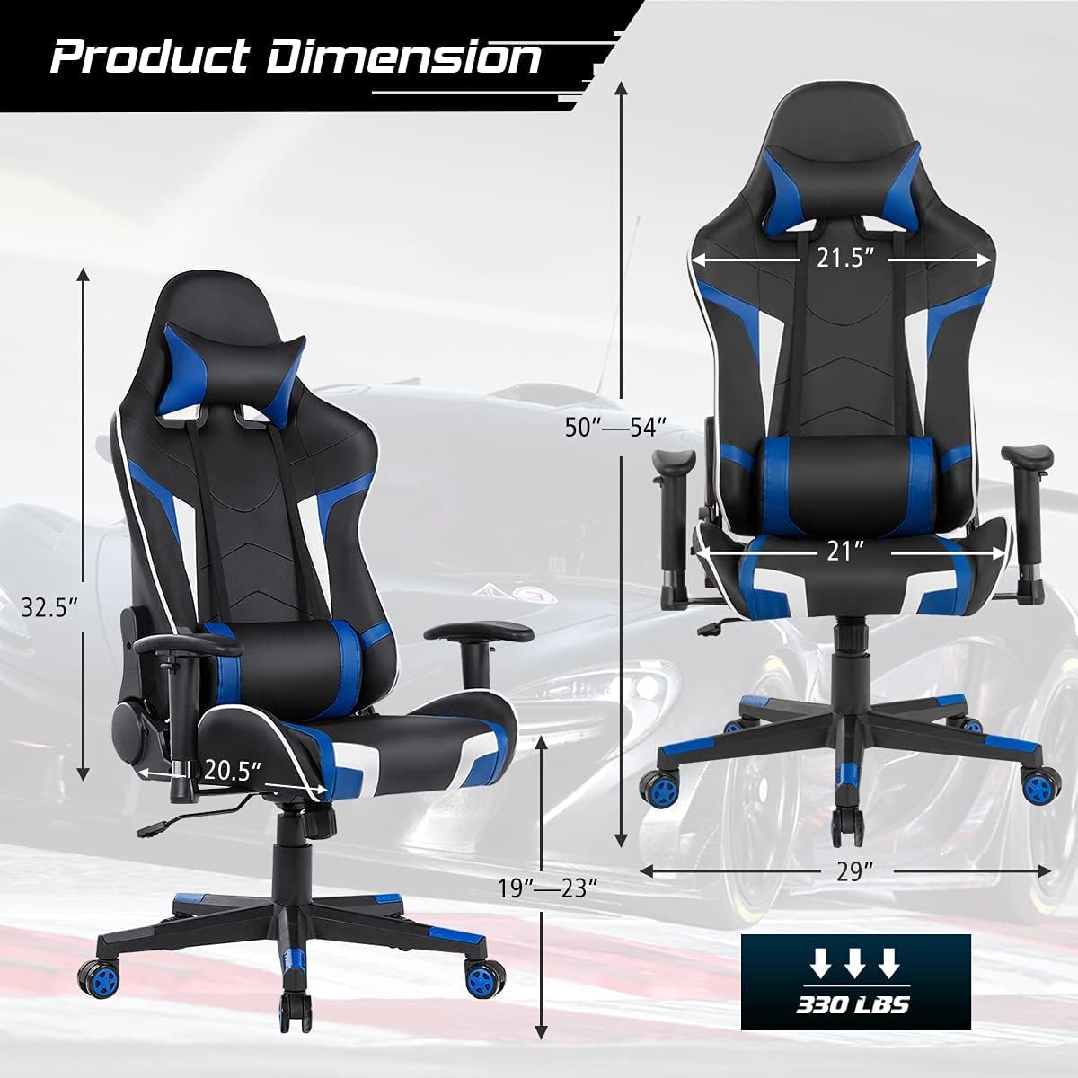 DORTALA Ergonomic Gaming Chair, High-Back Racing Chair w/Massage Lumbar Support, Extra Power Bank Pocket, 360° Swivel, Adjustable Backrest & Armrest, for Office, Game Room (Blue)