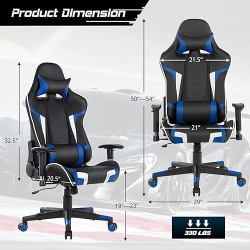 Miniatura 3 de DORTALA Silla ergonómica para videojuegos, silla de carreras de respaldo alto con soporte lumbar de masaje, bolsillo para banco de energía Azul