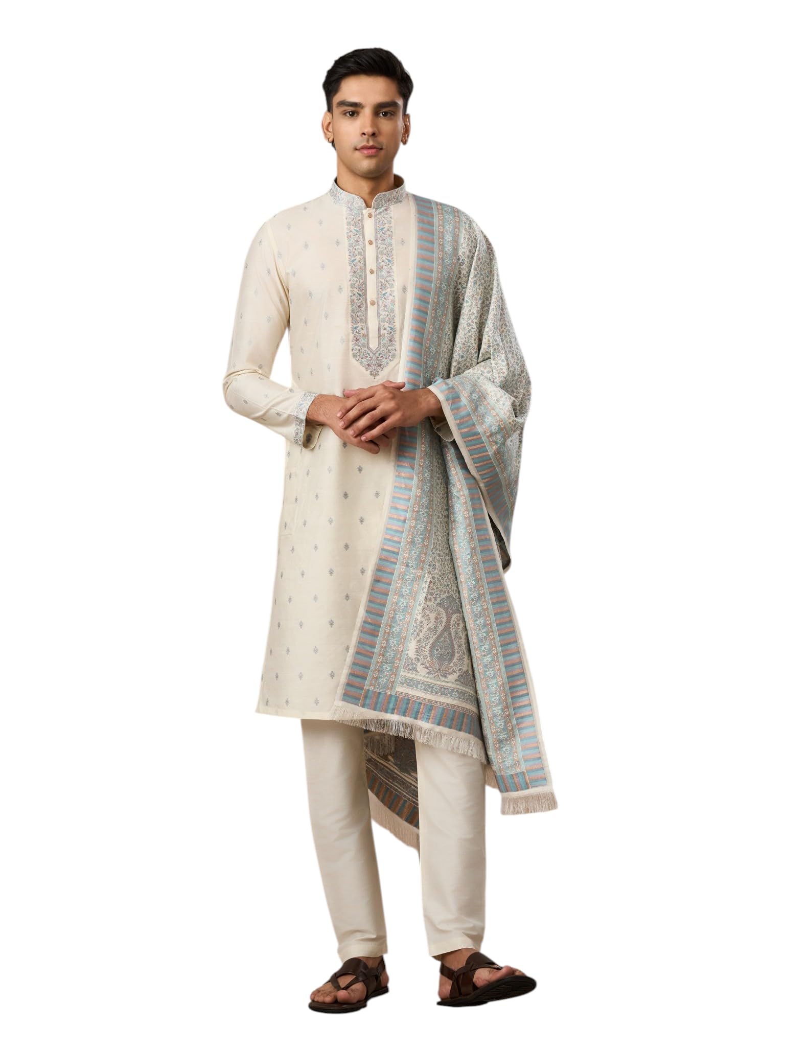 manyavar Men's Blended Viscose Self-Textured Traditional Kurta Pyjama Set (3pcs)-picture-27