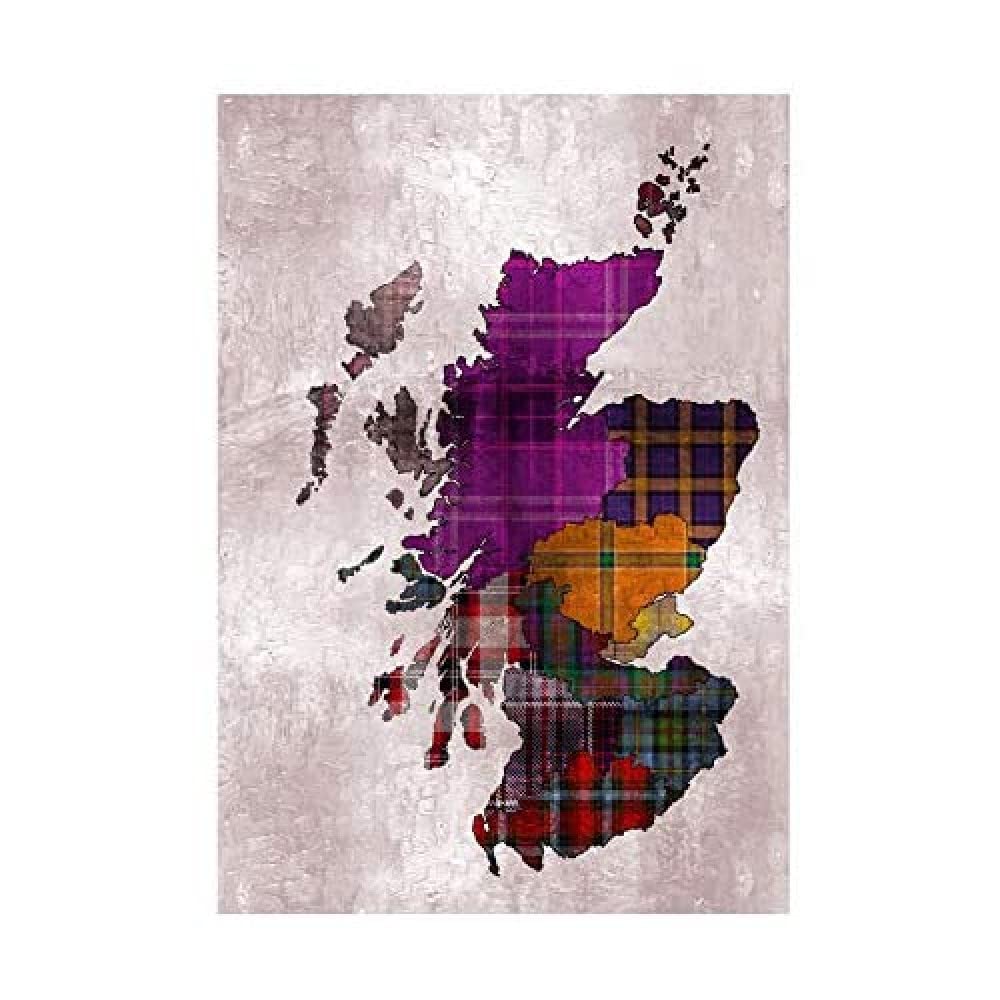 Wee Blue Coo Painting Map Outline Scotland Tartan Inset Regions Wall Art Print