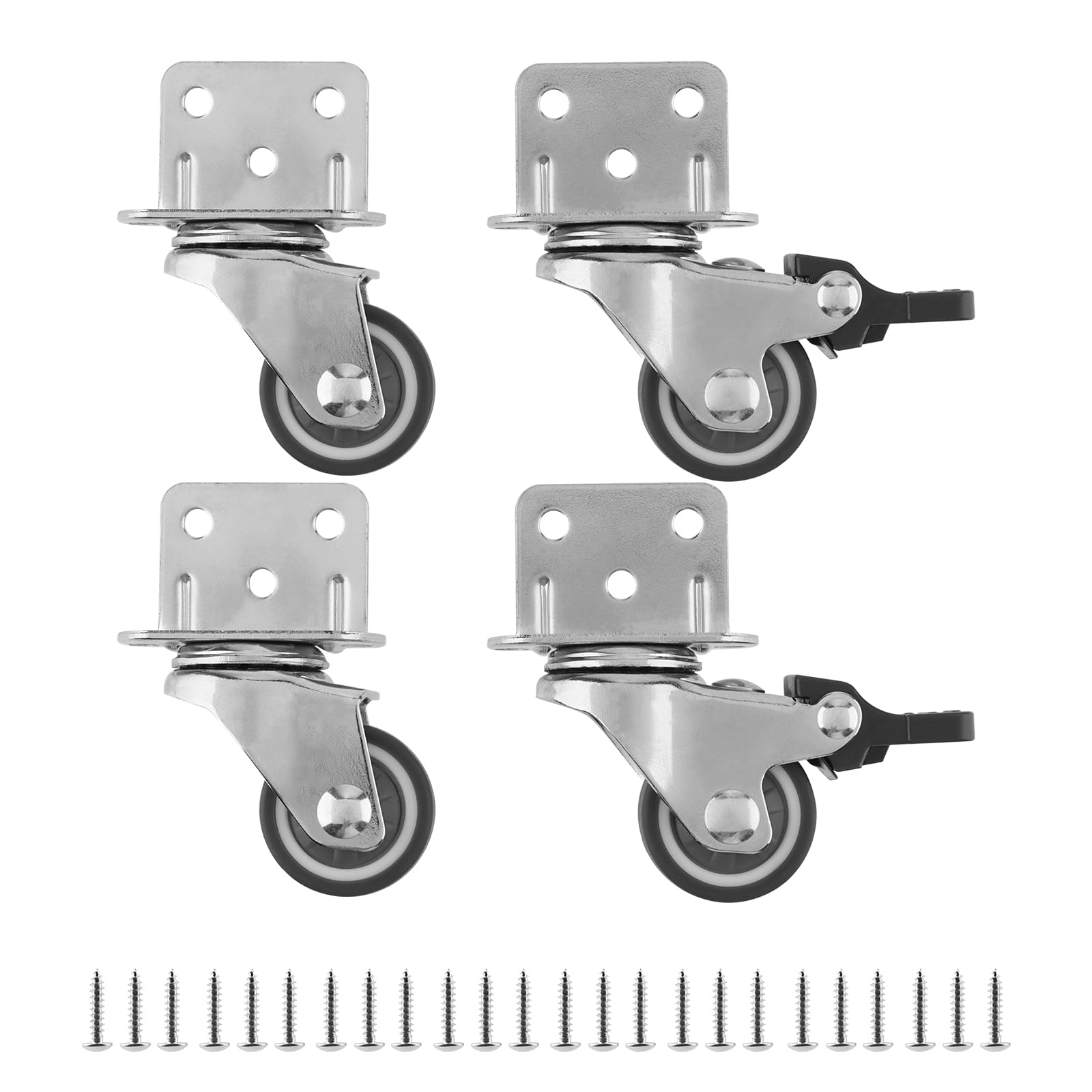 Lot de 4 Roulettes Pivotantes Pour Meubles, dont 2 avec Frein, Avec 20 vis, 25 mm Roue en Caoutchouc pour Chariot, Argentées