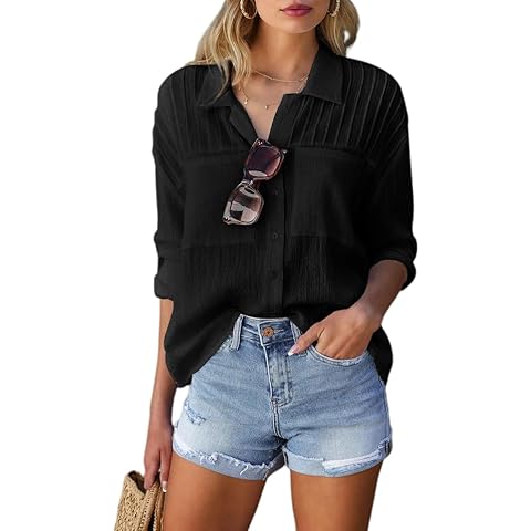 Merryfun Women's Button Down Cotton Linen Shirts Casual Pleated Long/Roll Up Sleeve Blouses Textured Loose Collared Work Tops,Black M Cover