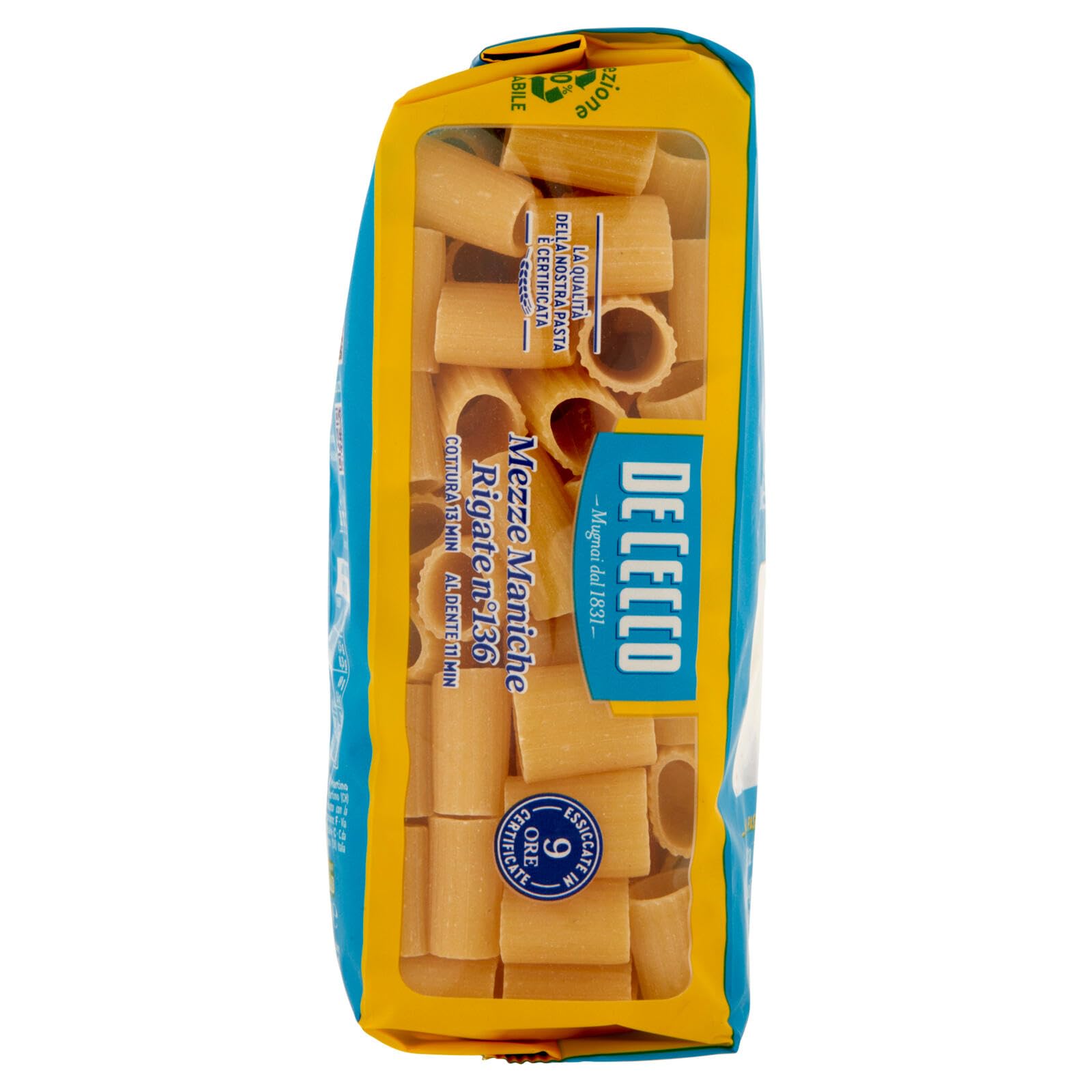 De Cecco Mezze Maniche Rigate n°136 - Pasta 24 x 500 g | Secado lento | Sémola de trigo duro de alta calidad | Horneado 13 min (al diente 11) | Ideal salsas & gratins + Italian Gourmet polpa 400g