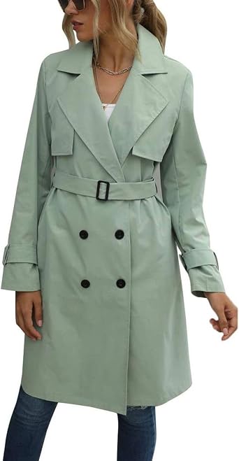 Womens Long Rain Jacket Double Breasted Belted Fall Work Casual Long Sleeve Dressy Button Up Slim Fit Trench Coat