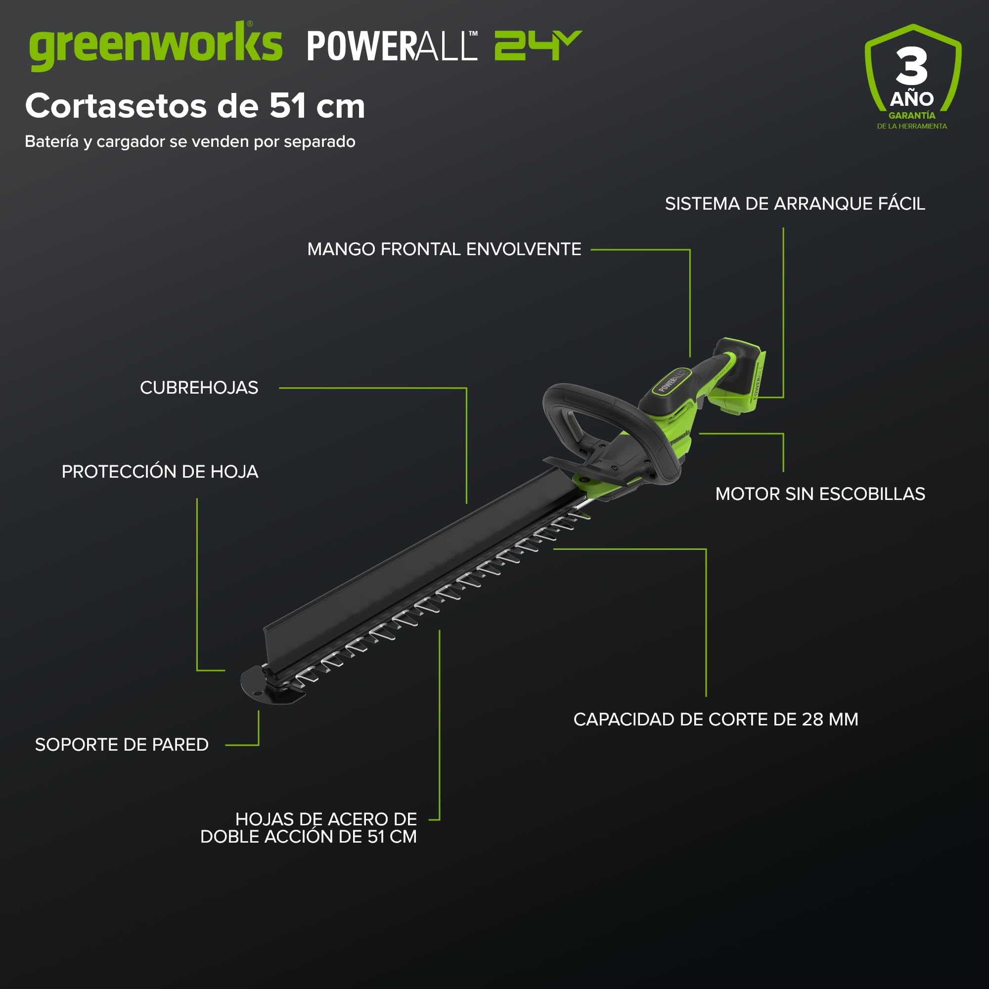 Greenworks Cortasetos a batería 24V 51 cm, Motor sin escobillas, Cuchilla Doble acción 28 mm, Hedge Sweeper Integrado, empuñadura ergonómica Envolvente, Solo Herramienta HT2002DA1