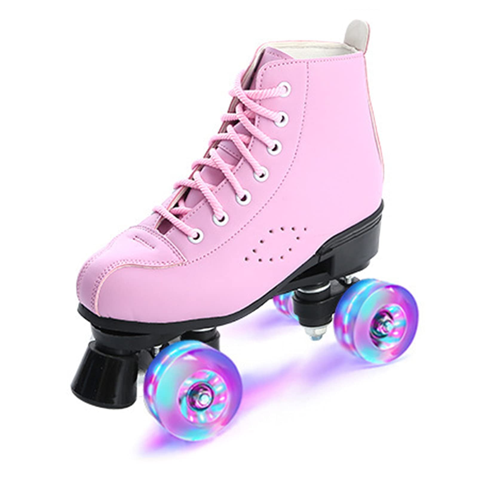 Klzzuk Patines Rosas para Mujer, Patines Paralelos Clásicos de Cuero de PU Patines de Dos Hileras de 4 Ruedas con Ruedas de PU Intermitentes, Roller Skates Brillantes para Interiores y Exteriores