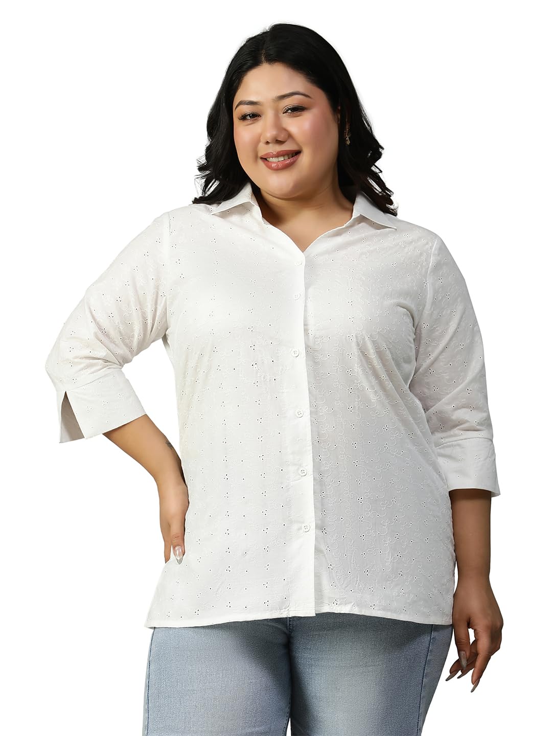 Women Plus Size White Cotton Office wear Formal Schiffli Shirt-picture-37
