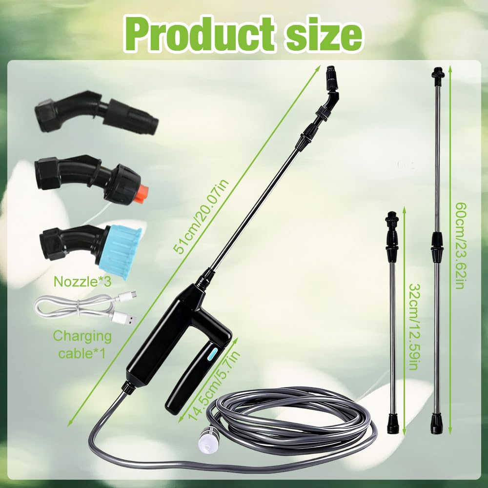 Pompa Irroratrice a Batteria, 7.4V Spruzzatore Elettrico per Piante, con Asta Telescopica, 3 Ugelli, 5M Tubo, Ricaricabile USB, Spruzzatore da Giardino per Giardini, Cortili, Prati