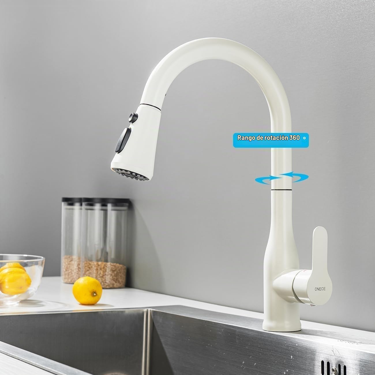 ONECE Grifo Cocina Blanco Extraíble con 3 Modos, Mezclador de Fregadero | Rotación de 360°, Grifería Monomando con Ducha, Acero Inoxidable 304, Aireador Extraíble