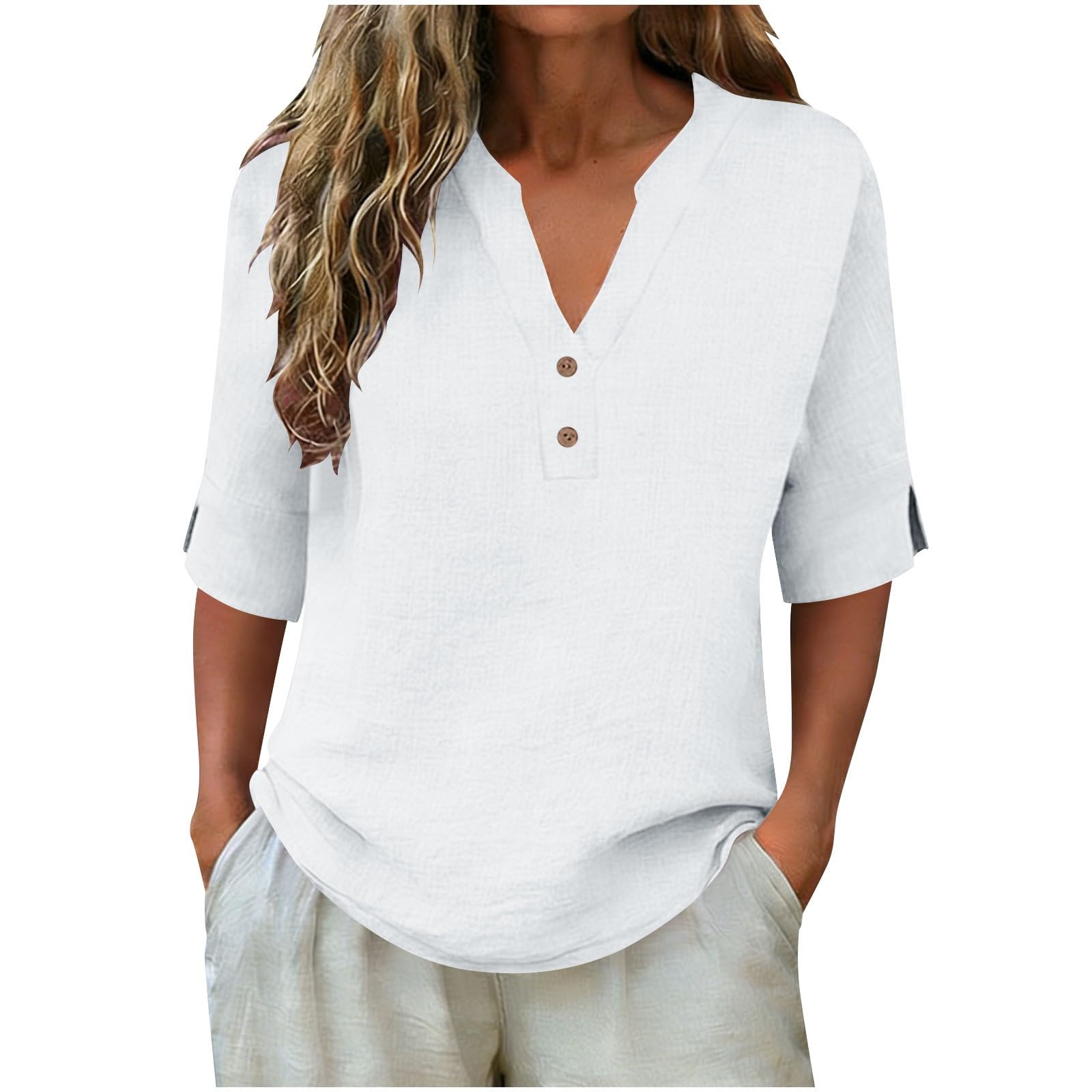 Chemise Femme Coton Et Lin Chemises Lin Manches 3/4 Col V Boutonné Top Henley Chemise Couleur Uni Lâche Respirant T-Shirts Tunique Femmes Chic Et Elegant Léger Blouse Grande Taille