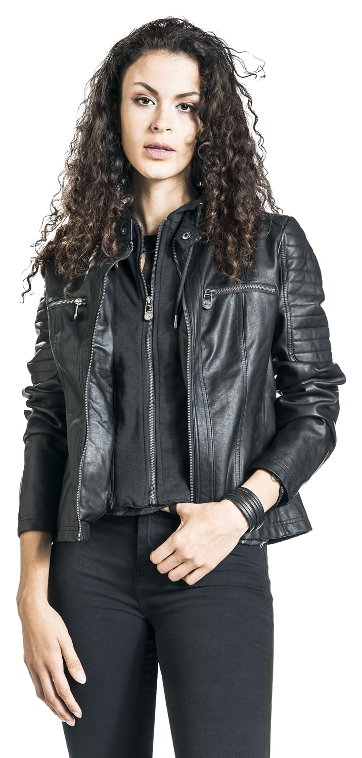 Black Premium by EMP Mujer Chaqueta negra de piel sintética estilo motero
