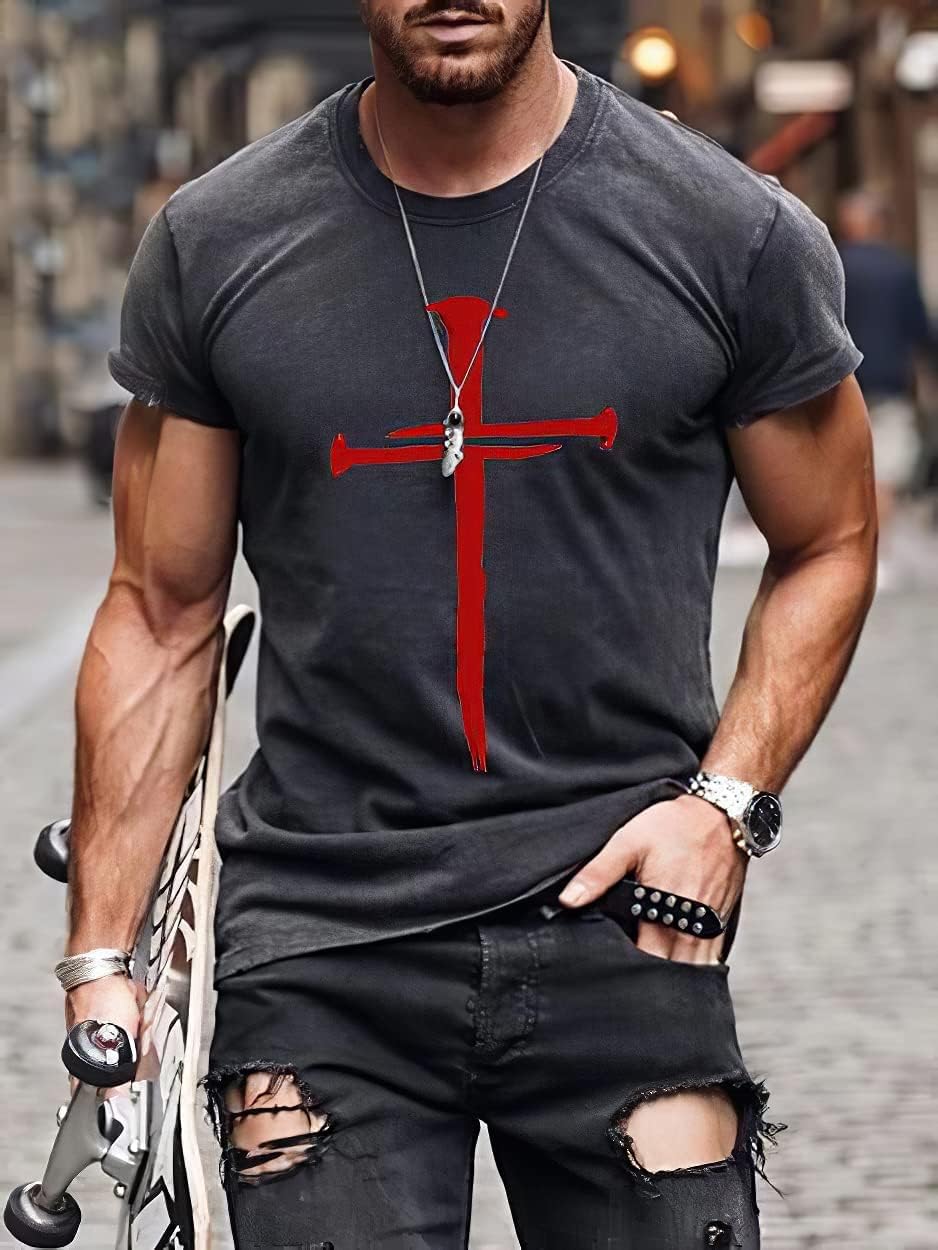 MARSVOVO Men's Vintage Oil Painting Faith Jesus Cross Print Casual T-Shirts Christ Crewneck Short Sleeve Shirts for Men