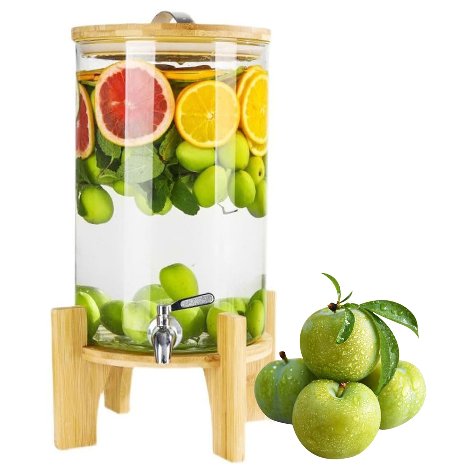 Getränkespender aus Glas, 5 l, 10 l, mit Holzständer, Getränkefass aus Glas, Wasserhahn aus Edelstahl, auslaufsicher, Getränkespender aus Glas, Weinfass aus Glas, Wasserbehälter für den Kühlschrank
