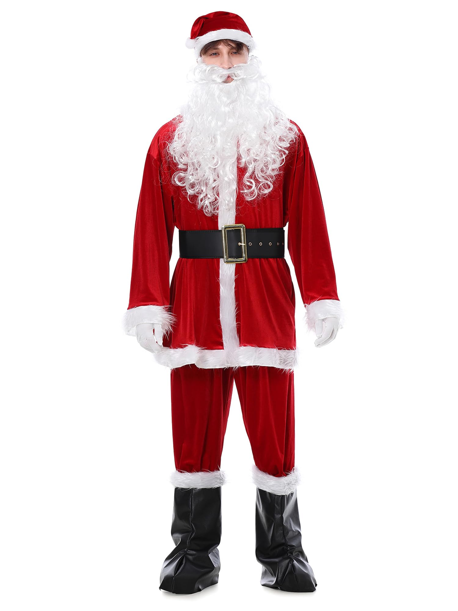 Cusghjbsg Men's Santa Costume Set Fancy Velvet Christmas Cosplay Outfit Themed Party Stage Show Role-playing Costume with Belt and Hats (Red F, M)