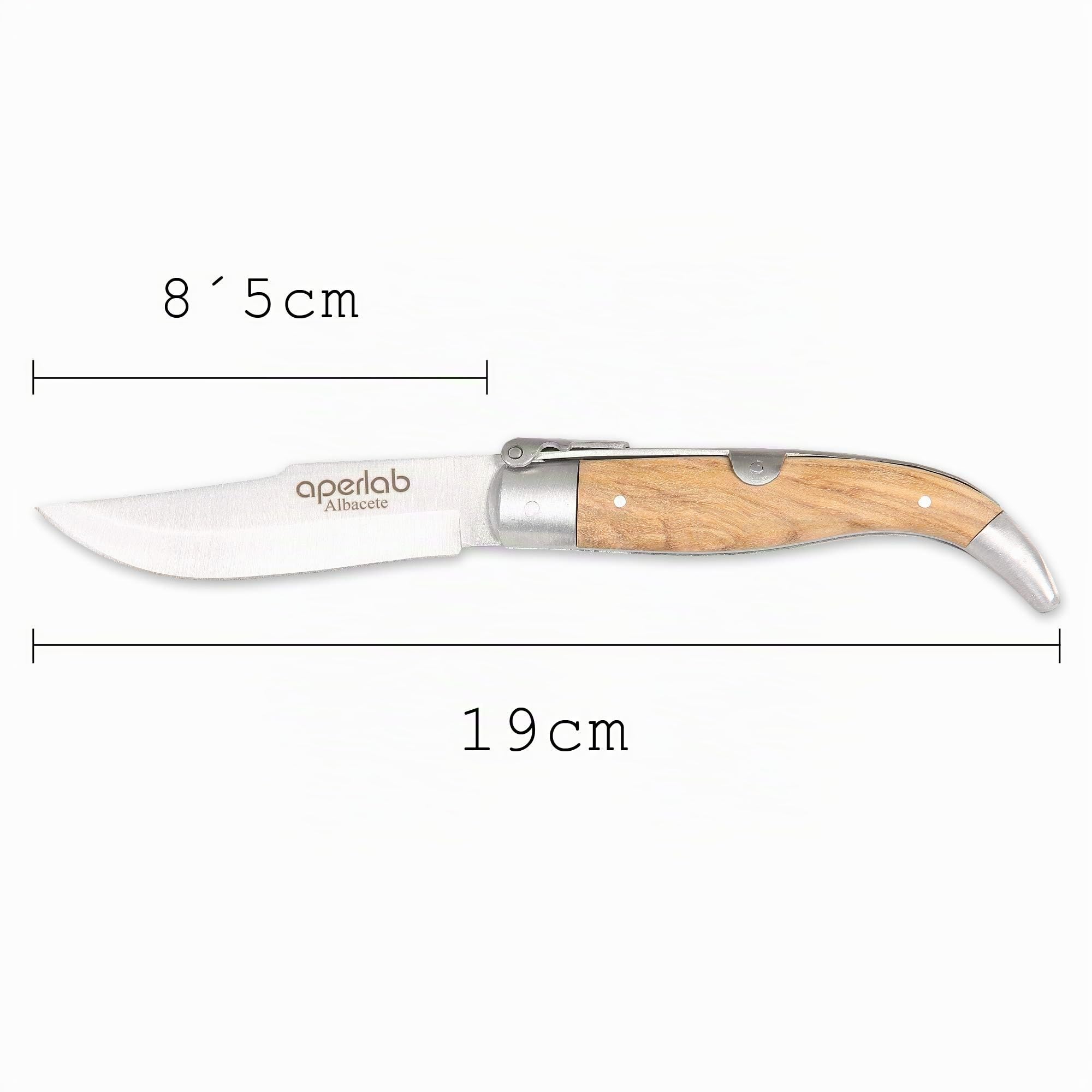 Navaja de Albacete, hecha a mano fabricada de forma artesanal, hoja de acero inoxidable y cachas en madera de olivo natural, plegable y con seguro para que no se cierre sola. (Hoja de 8,5 cm)