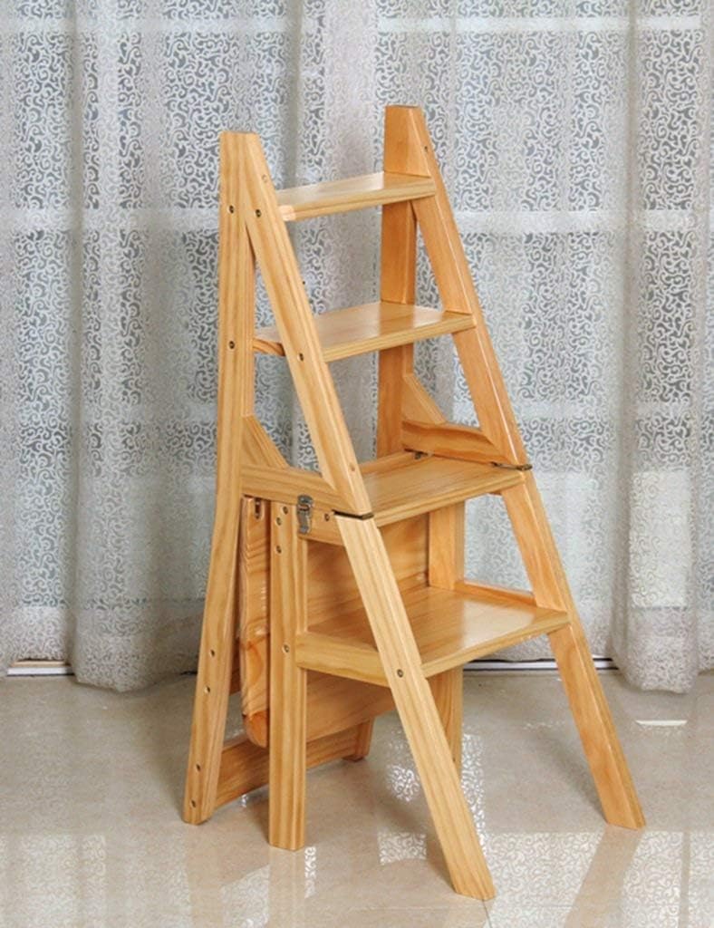 Solid Wood Dual-use Staircase Chair Ladder Folding Chair Household Multifunction Step Stools 4 Tier Multi-Purpose Ladders Steps (Color : C)