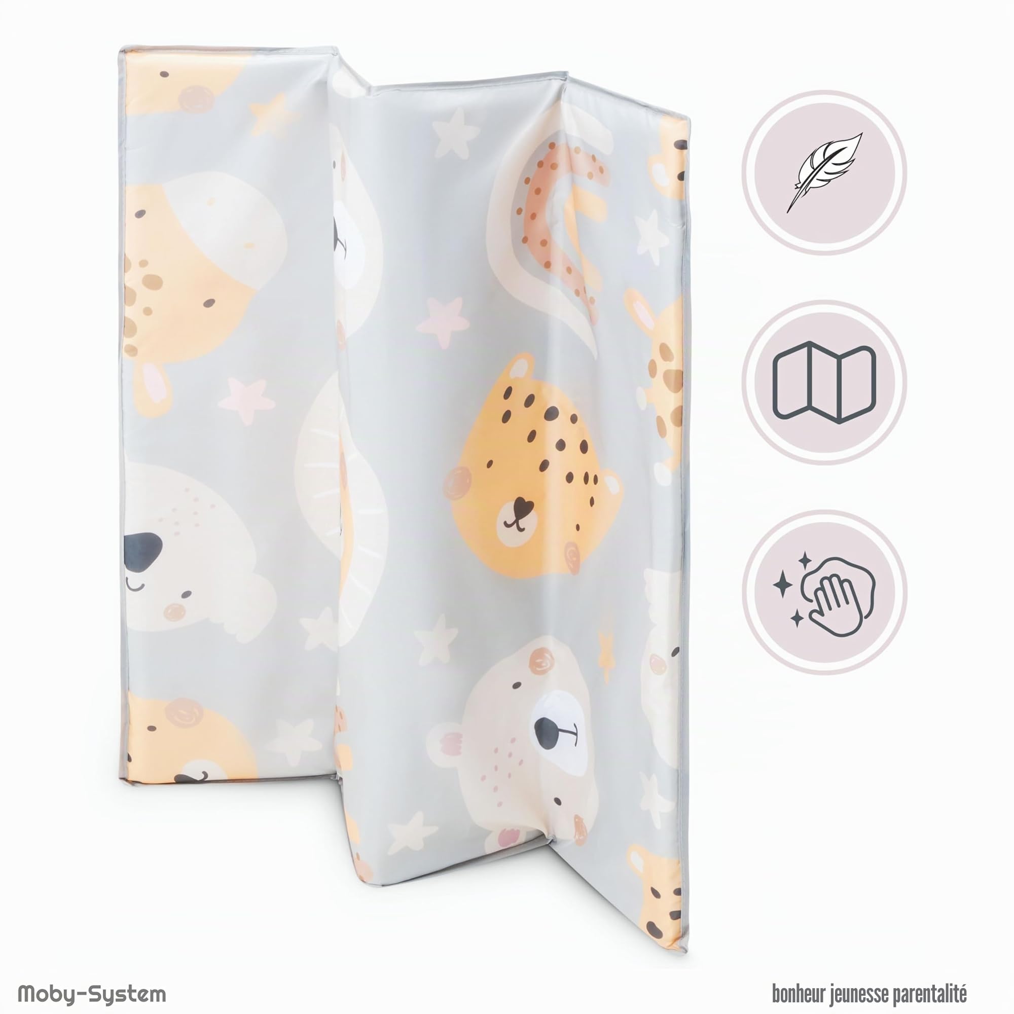 Moby-System Parc Bébé avec Matelas et Sac de Transport - Lit Parapluie Pliable, Roues Verrouillables, Cadre Stable - Motif Ours en Peluche - 97 x 100 x 77 cm (3 Articles)