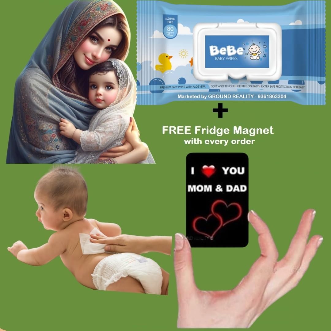 LUREME Bebe Baby Wet Wipes with Vitamin E Oil and Aloe Vera for New Born Baby Wiping Cleaning Tissue 1 Pack 80 Wet Wipes with Lid + (FREE Fridge Magnet/Order) 4