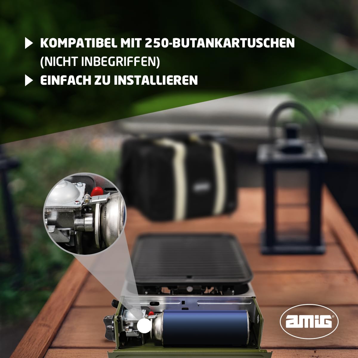 Amig - Camping Gas BBQ01, Tragbare Küche, Grillkocher - Aluminiumguss Grillplatte, Mit Edelstahl-Fettauffangschale, 1,8 kW Leistung, Kompatibel mit B-250 Kartuschen