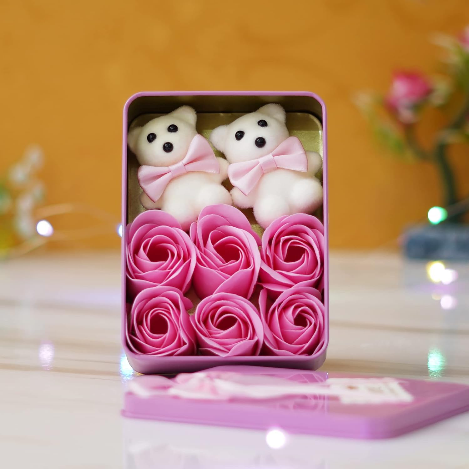 KamlaArt Premium Valentine Pink Heart Shape Box with 6 Pink Roses, 2 Teddy- Valentine Gift for Girlfriend/Boyfriend/Wife/Husband-image-45