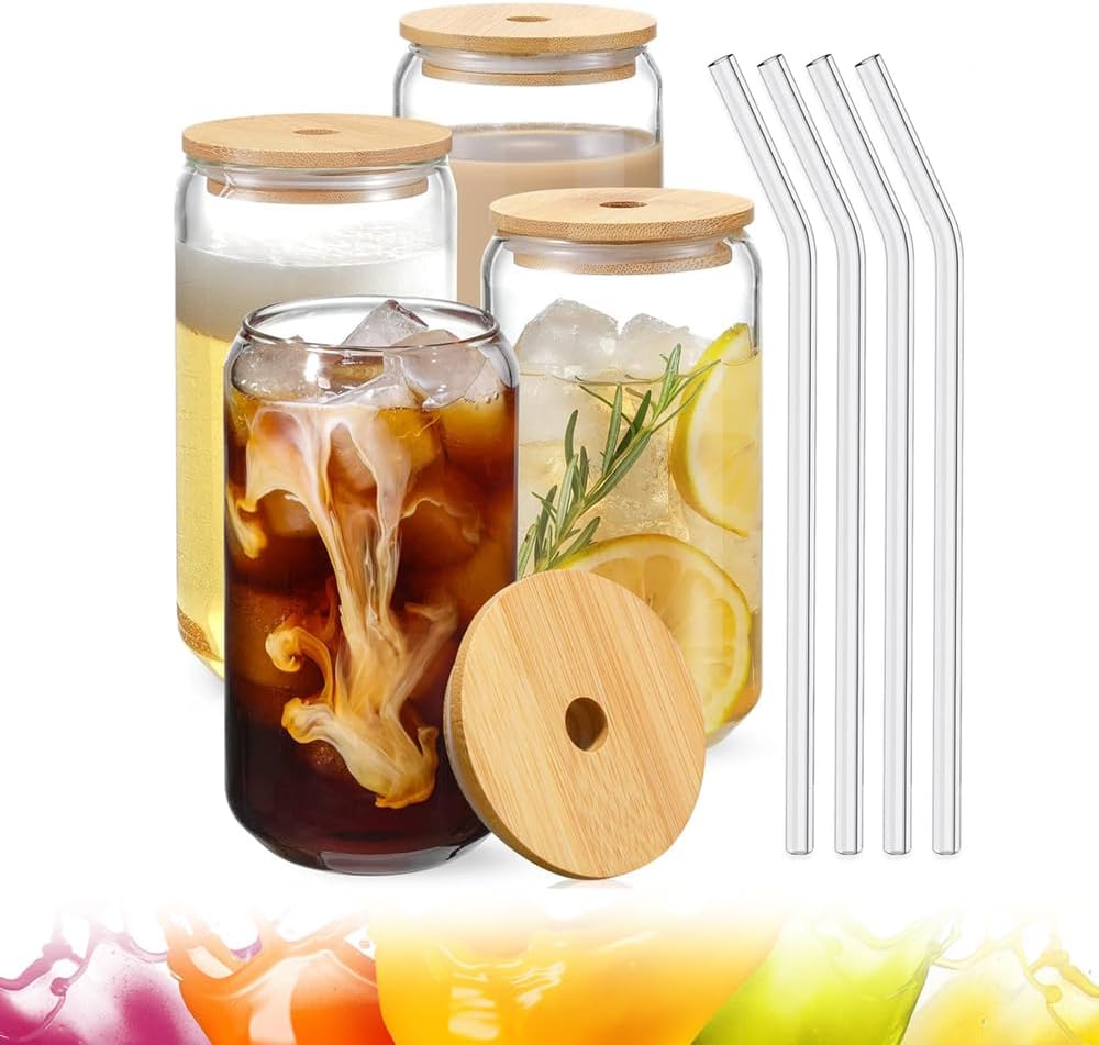 AMERTEER 4 Drinking Glasses with Bamboo Lids, Glass Cups with Bamboo Lids 550ml, Clear Reusable Tumblers Set with Cleaning Brushes, Leak-Proof Drinkware for Tea, Coffee, Smoothies, Iced Drinks